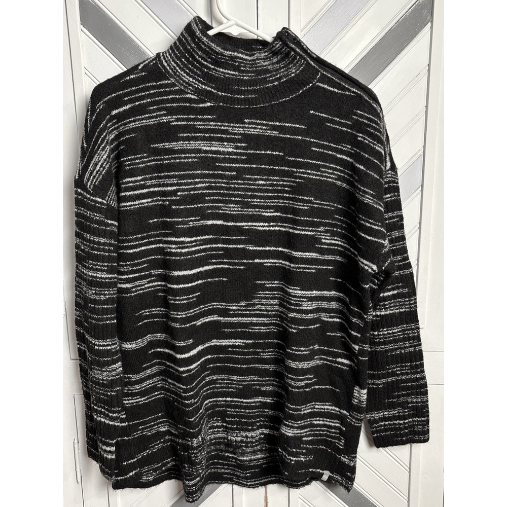 T by Talbots Women's‎ LP Mock Turtleneck Wool Blend Black White Striped Sweater - Picture 8 of 14